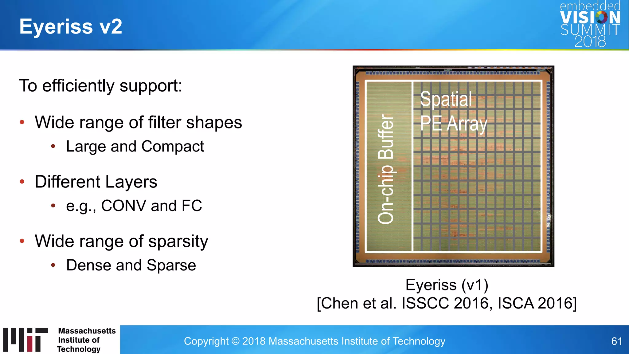 Copyright © 2018 Massachusetts Institute of Technology 61
To efficiently support:
•  Wide range of filter shapes
•  Large and Compact
•  Different Layers
•  e.g., CONV and FC
•  Wide range of sparsity
•  Dense and Sparse
Eyeriss v2
On-chipBuffer
Spatial
PE Array
Eyeriss (v1)
[Chen et al. ISSCC 2016, ISCA 2016]
 