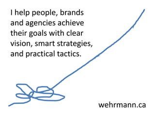 I help people, brands
and agencies achieve
their goals with clear
vision, smart strategies,
and practical tactics.




                            wehrmann.ca
 