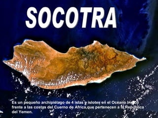 Socotra
Es un pequeño archipiélago de 4 islas e islotes en el Océano Indico
frente a las costas del Cuerno de Africa,que pertenecen a la República
del Yemen.
 