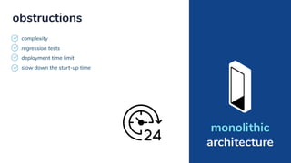 complexity
regression tests
deployment time limit
slow down the start-up time
obstructions
monolithic
architecture
 
