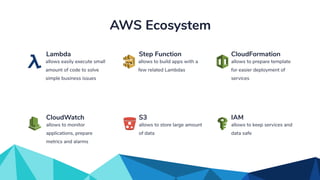allows to keep services and
data safe
IAM
allows to monitor
applications, prepare
metrics and alarms
CloudWatch
allows to prepare template
for easier deployment of
services
CloudFormation
allows easily execute small
amount of code to solve
simple business issues
Lambda
allows to store large amount
of data
S3
allows to build apps with a
few related Lambdas
Step Function
AWS Ecosystem
 