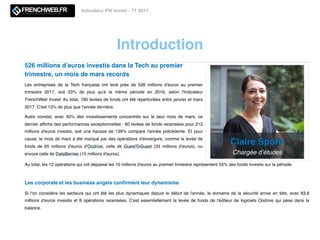 Introduction
Indicateur FW Invest - T1 2017
526 millions d’euros investis dans la Tech au premier
trimestre, un mois de mars records
Les entreprises de la Tech française ont levé près de 526 millions d'euros au premier
trimestre 2017, soit 23% de plus qu'à la même période en 2016, selon l'indicateur
FrenchWeb Invest. Au total, 160 levées de fonds ont été répertoriées entre janvier et mars
2017. C'est 13% de plus que l'année dernière.
Autre constat, avec 40% des investissements concentrés sur le seul mois de mars, ce
dernier afﬁche des performances exceptionnelles : 60 levées de fonds recensées pour 213
millions d'euros investis, soit une hausse de 139% comparé l'année précédente. Et pour
cause, le mois de mars a été marqué par des opérations d'envergure, comme la levée de
fonds de 65 millions d'euros d'Oodrive, celle de GuestToGuest (33 millions d'euros), ou
encore celle de DataBerries (15 millions d'euros). 
Claire Spohr
Chargée d’études
Au total, les 12 opérations qui ont dépassé les 10 millions d'euros au premier trimestre représentent 55% des fonds investis sur la période. 
Les corporate et les business angels conﬁrment leur dynamisme
Si l'on considère les secteurs qui ont été les plus dynamiques depuis le début de l'année, le domaine de la sécurité arrive en tête, avec 83,6
millions d'euros investis et 8 opérations recensées. C'est essentiellement la levée de fonds de l'éditeur de logiciels Oodrive qui pèse dans la
balance. 
 