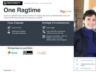 One Ragtime
Indicateur FW Invest - 1er semestre 2017
C’est une plateforme de venture mettant en relation des start-up sélectionnées avec une
communauté internationale d'investisseurs qualiﬁés.
Créé en 2017
Stéphanie Hospital,
Jean-Marie Messier
Early stage
Entre 350 000 et plusieurs
millions d’euros par tour.
Secteurs privilégiés : B2C ou
B2B2C, avec une forte
différenciation technologique.
Entreprises en portfolio :
* Lead investor | ** Exit
www.oneragtime.com
contact@oneragtime.com
2 Place d’Estienne d’Orves,
Paris 9
Fiche d’identité Stratégie d’investissement
**
 