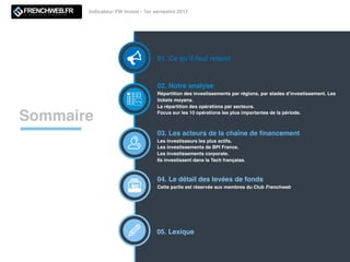 Indicateur FW Invest - 1er semestre 2017
Sommaire
01. Ce qu’il faut retenir
02. Notre analyse
Répartition des investissements par régions, par stades d’investissement. Les
tickets moyens.
La répartition des opérations par secteurs.
Focus sur les 10 opérations les plus importantes de la période.
03. Les acteurs de la chaîne de ﬁnancement
Les investisseurs les plus actifs.
Les investissements de BPI France.
Les investissements corporate.
Ils investissent dans la Tech française.
04. Le détail des levées de fonds
Cette partie est réservée aux membres du Club Frenchweb
05. Lexique
 