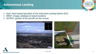 AN AIRBUS INNOVATION CENTER
• Goal: vision-based equivalent of the Instrument Landing System (ILS)
• INPUT: images, database of airport locations
• OUTPUT: position of the aircraft wrt the runway
Autonomous Landing
15
© 2022 Airbus
 