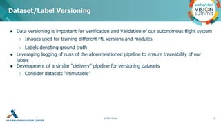 AN AIRBUS INNOVATION CENTER
● Data versioning is important for Verification and Validation of our autonomous flight system
○ Images used for training different ML versions and modules
○ Labels denoting ground truth
● Leveraging logging of runs of the aforementioned pipeline to ensure traceability of our
labels
● Development of a similar “delivery” pipeline for versioning datasets
○ Consider datasets “immutable”
Dataset/Label Versioning
21
© 2022 Airbus
 