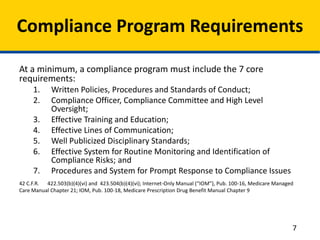 At a minimum, a compliance program must include the 7 core
requirements:
1. Written Policies, Procedures and Standards of Conduct;
2. Compliance Officer, Compliance Committee and High Level
Oversight;
3. Effective Training and Education;
4. Effective Lines of Communication;
5. Well Publicized Disciplinary Standards;
6. Effective System for Routine Monitoring and Identification of
Compliance Risks; and
7. Procedures and System for Prompt Response to Compliance Issues
42 C.F.R. 422.503(b)(4)(vi) and 423.504(b)(4)(vi); Internet-Only Manual (“IOM”), Pub. 100-16, Medicare Managed
Care Manual Chapter 21; IOM, Pub. 100-18, Medicare Prescription Drug Benefit Manual Chapter 9
Compliance Program Requirements
7
 