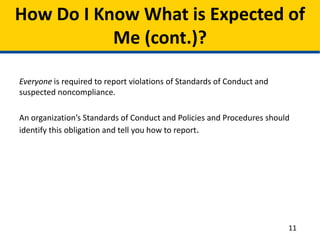 Everyone is required to report violations of Standards of Conduct and
suspected noncompliance.
An organization’s Standards of Conduct and Policies and Procedures should
identify this obligation and tell you how to report.
How Do I Know What is Expected of
Me (cont.)?
11
 