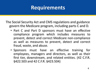 Requirements
The Social Security Act and CMS regulations and guidance
govern the Medicare program, including parts C and D.
• Part C and Part D sponsors must have an effective
compliance program which includes measures to
prevent, detect and correct Medicare non-compliance
as well as measures to prevent, detect and correct
fraud, waste, and abuse.
• Sponsors must have an effective training for
employees, managers and directors, as well as their
first tier, downstream, and related entities. (42 C.F.R.
§422.503 and 42 C.F.R. §423.504)
4
 