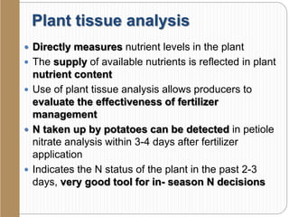 Plant tissue analysis
 Directly measures nutrient levels in the plant
 The supply of available nutrients is reflected in plant
nutrient content
 Use of plant tissue analysis allows producers to
evaluate the effectiveness of fertilizer
management
 N taken up by potatoes can be detected in petiole
nitrate analysis within 3-4 days after fertilizer
application
 Indicates the N status of the plant in the past 2-3
days, very good tool for in- season N decisions
 