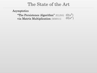 The State of the Art
Asymptotics
“The Persistence Algorithm” [ELZ05]
via Matrix Multiplication [MMS11]
O(n3
)
O(n!
)
 