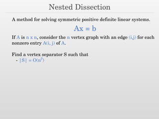 Nested Dissection
A method for solving symmetric positive definite linear systems.
Ax = b
If A is n x n, consider the n vertex graph with an edge (i,j) for each
nonzero entry A(i, j) of A.
Find a vertex separator S such that
- |S| = O(nβ
)
 
