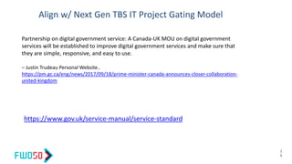 Align w/ Next Gen TBS IT Project Gating Model
1
5
https://www.gov.uk/service-manual/service-standard
Partnership on digital government service: A Canada-UK MOU on digital government
services will be established to improve digital government services and make sure that
they are simple, responsive, and easy to use.
– Justin Trudeau Personal Website..
https://pm.gc.ca/eng/news/2017/09/18/prime-minister-canada-announces-closer-collaboration-
united-kingdom
 