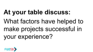 At your table discuss:
What factors have helped to
make projects successful in
your experience?
 