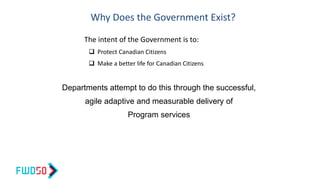 Why Does the Government Exist?
The intent of the Government is to:
 Protect Canadian Citizens
 Make a better life for Canadian Citizens
Departments attempt to do this through the successful,
agile adaptive and measurable delivery of
Program services
 