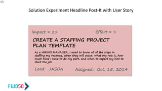 Solution Experiment Headline Post-It with User Story
45
Impact = 21 Effort = 5
CREATE A STAFFING PROJECT
PLAN TEMPLATE
As a HIRING MANAGER, I need to know all of the steps in
staffing my vacancy, when they will occur, what my role is, how
much time I have to do my part, and when to expect my hire to
start the job.
Lead: JASON Assigned: Oct. 15, 2014
 