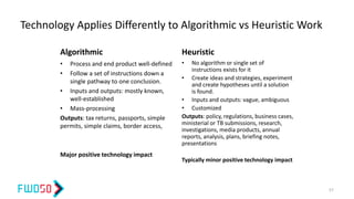 Technology Applies Differently to Algorithmic vs Heuristic Work
Algorithmic
• Process and end product well-defined
• Follow a set of instructions down a
single pathway to one conclusion.
• Inputs and outputs: mostly known,
well-established
• Mass-processing
Outputs: tax returns, passports, simple
permits, simple claims, border access,
Major positive technology impact
Heuristic
• No algorithm or single set of
instructions exists for it
• Create ideas and strategies, experiment
and create hypotheses until a solution
is found.
• Inputs and outputs: vague, ambiguous
• Customized
Outputs: policy, regulations, business cases,
ministerial or TB submissions, research,
investigations, media products, annual
reports, analysis, plans, briefing notes,
presentations
Typically minor positive technology impact
57
 
