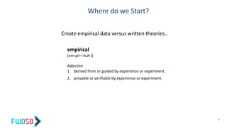 Where do we Start?
7
empirical
[em-pir-i-kuh l]
Adjective
1. derived from or guided by experience or experiment.
2. provable or verifiable by experience or experiment.
Create empirical data versus written theories..
 