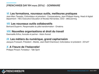 http://conference.frenchweb.fr/rh - mars 2016
VI. Les formations, nouveaux outils, meilleures pratiques
Jean-Marc Tassetto, Cofondateur et président - Coorpacademy, Jean-Philippe Hoang, Head of digital
department - HEC Executive Education et Nicolas Hernandez, CEO - 360Learning
VII. Les nouveaux outils collaboratifs
Bertrand Duperrin, Responsable du pôle transformation - Emakina
VIII. Nouvelles organisations et droit du travail
Gwenaelle Arthur, Avocate et partner - Aston Avocat
IX. Les métiers du numérique, grand capharnaüm
Jacques Froissant, Président - Altaïde, Jean-Noël Chaintreuil, Cofondateur et président - 231e47
X. A l’heure de l’holacratie!
Philippe Pinault, Fondateur - Talk Spirit
[FRENCHWEB DAY RH mars 2016] - SOMMAIRE
 