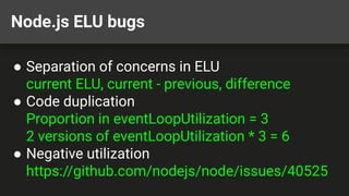 Node.js ELU bugs
● Separation of concerns in ELU
current ELU, current - previous, difference
● Code duplication
Proportion in eventLoopUtilization = 3
2 versions of eventLoopUtilization * 3 = 6
● Negative utilization
https://github.com/nodejs/node/issues/40525
 