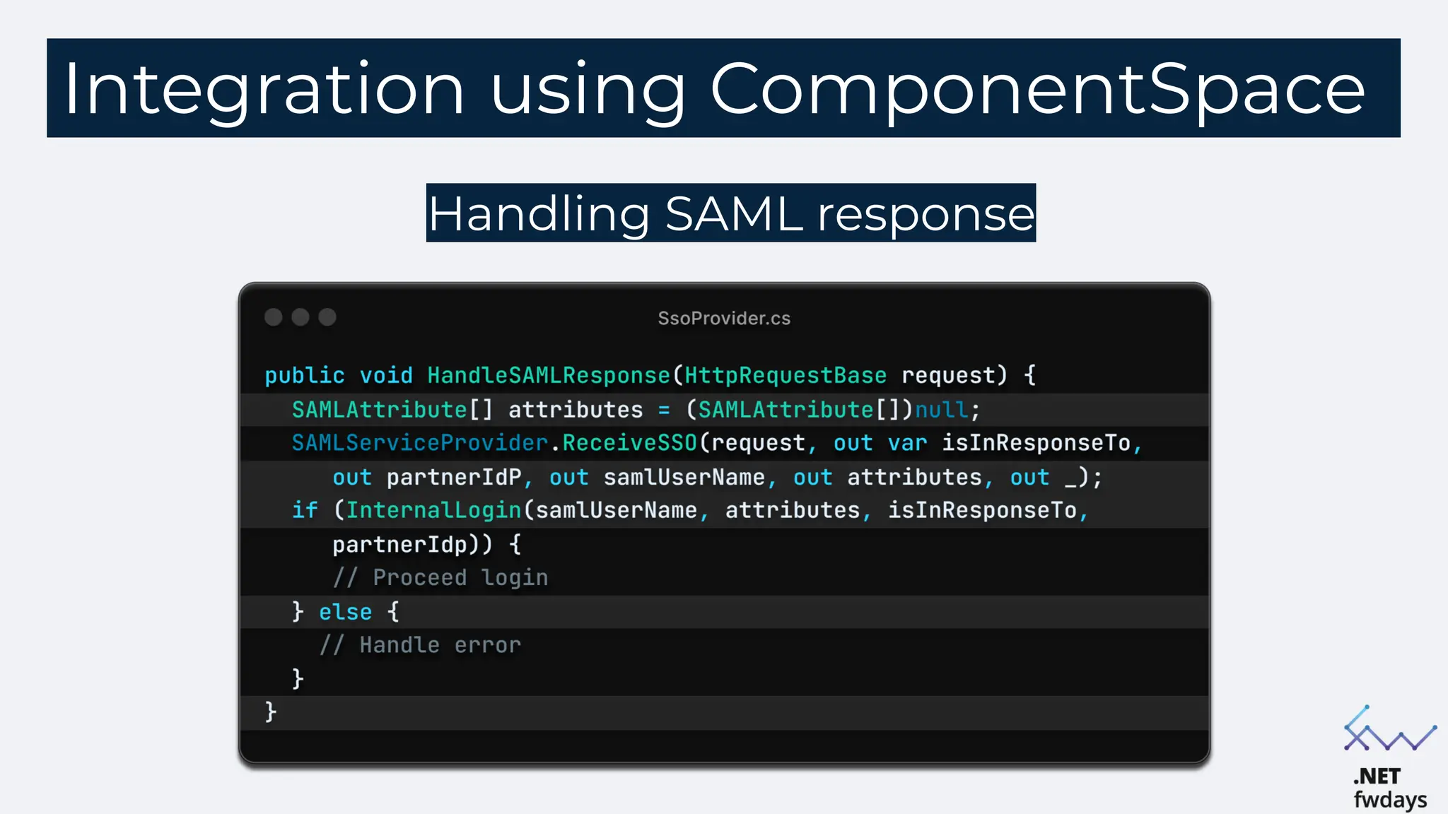 Integration using ComponentSpace
Handling SAML response
 