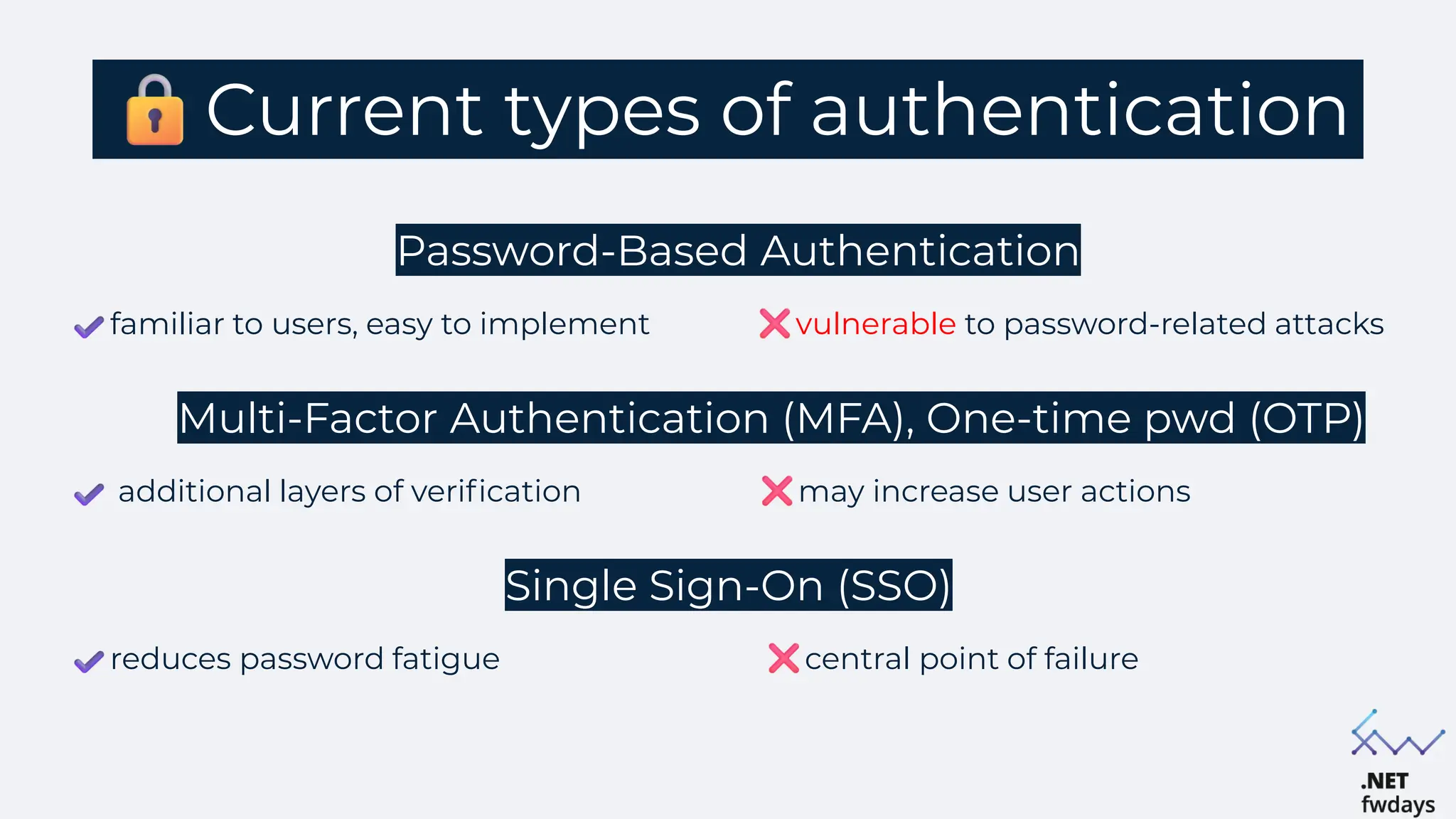 Current types of authentication
Password-Based Authentication
familiar to users, easy to implement vulnerable to password-related attacks
Multi-Factor Authentication (MFA), One-time pwd (OTP)
additional layers of verification may increase user actions
Single Sign-On (SSO)
reduces password fatigue central point of failure
 