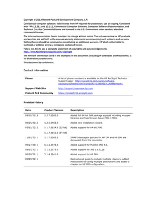 Copyright © 2013 Hewlett-Packard Development Company, L.P.
Confidential computer software. Valid license from HP required for possession, use or copying. Consistent
with FAR 12.211 and 12.212, Commercial Computer Software, Computer Software Documentation, and
Technical Data for Commercial Items are licensed to the U.S. Government under vendor's standard
commercial license.
The information contained herein is subject to change without notice. The only warranties for HP products
and services are set forth in the express warranty statements accompanying such products and services.
Nothing herein should be construed as constituting an additional warranty. HP shall not be liable for
technical or editorial errors or omissions contained herein.
Follow this link to see a complete statement of copyrights and acknowledgements:
http://www.hpenterprisesecurity.com/copyright
The network information used in the examples in this document (including IP addresses and hostnames) is
for illustration purposes only.
This document is confidential.
Contact Information
Revision History
Phone A list of phone numbers is available on the HP ArcSight Technical
Support page: http://www8.hp.com/us/en/software-
solutions/software.html?compURI=1345981#.URitMaVwpWI.
Support Web Site http://support.openview.hp.com
Protect 724 Community https://protect724.arcsight.com
Date Product Version Description
03/05/2013 5.2.7.6582.0 Added full 64-bit JVM package support including wrapper
libraries and fixed Known Issue CON-12005.
09/25/2012 5.2.5.6403.0 Added new installation wizard.
02/15/2012 5.1.7.6154.0 (32-bit)
5.1.7.6151.0 (64-bit)
Added support for 64-bit JVM.
11/15/2011 5.1.7.6085.0 SNMP Interceptor policies for HP OM and HP OMi are
decoupled from the connector.
09/27/2011 5.1.5.5973.0 Added support for McAfee ePO 4.6.
08/15/2011 5.1.5.5973.0 Added support for JRE 1.6.0_26.
06/20/2011 5.1.4.5941.0 Added support for HP OMi.
05/19/2011 Restructured guide to include multiple chapters, added
instructions for using multiple destinations and added a
chapter on HP OM configuration.
 
