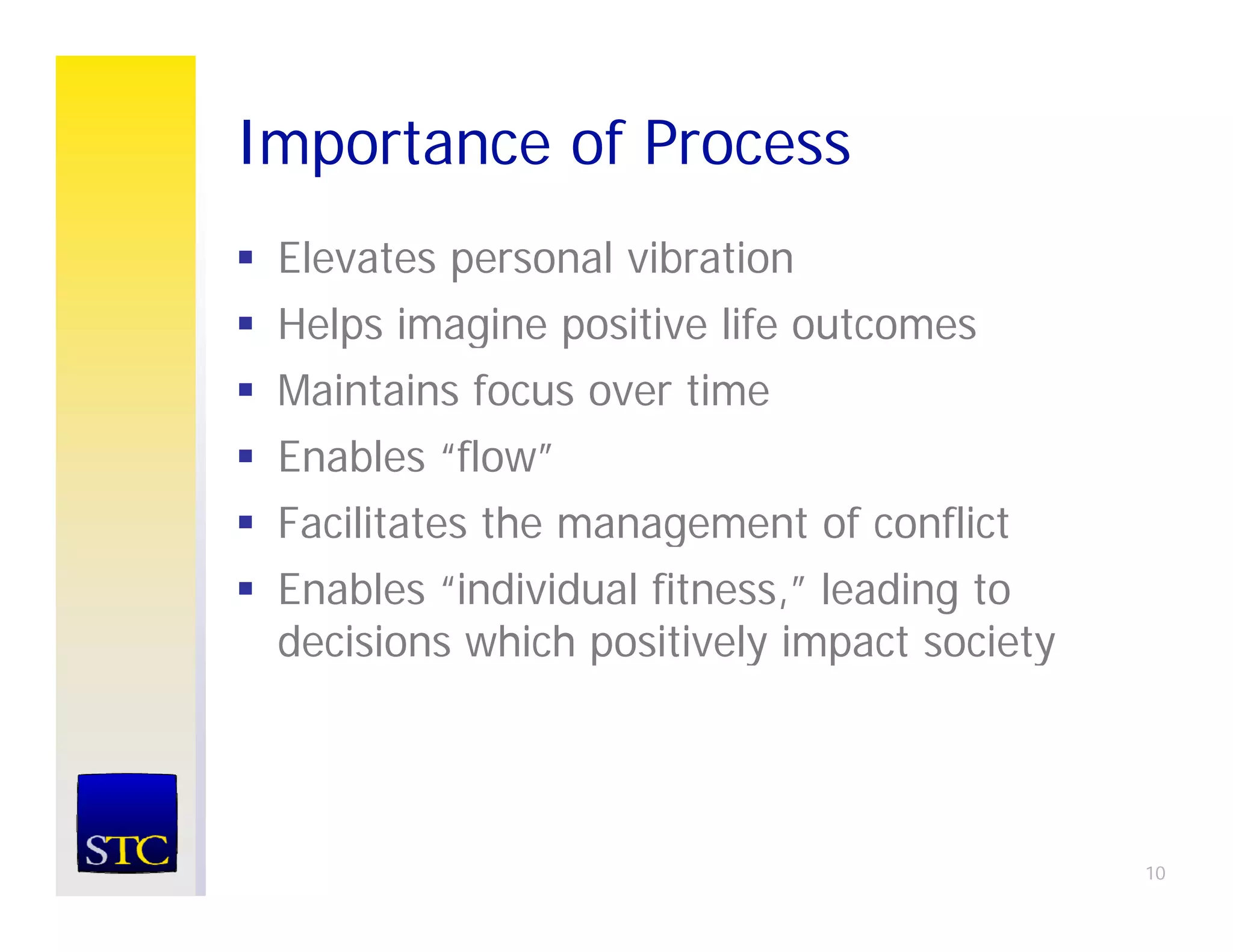Importance of Process
  p
 Elevates personal vibration
 Helps imagine positive life outcomes
 Maintains focus over time
 Enables “flow”
 Facilitates the management of conflict
 Enables “individual fitness,” leading to
 decisions which positively impact society




                                             10
 