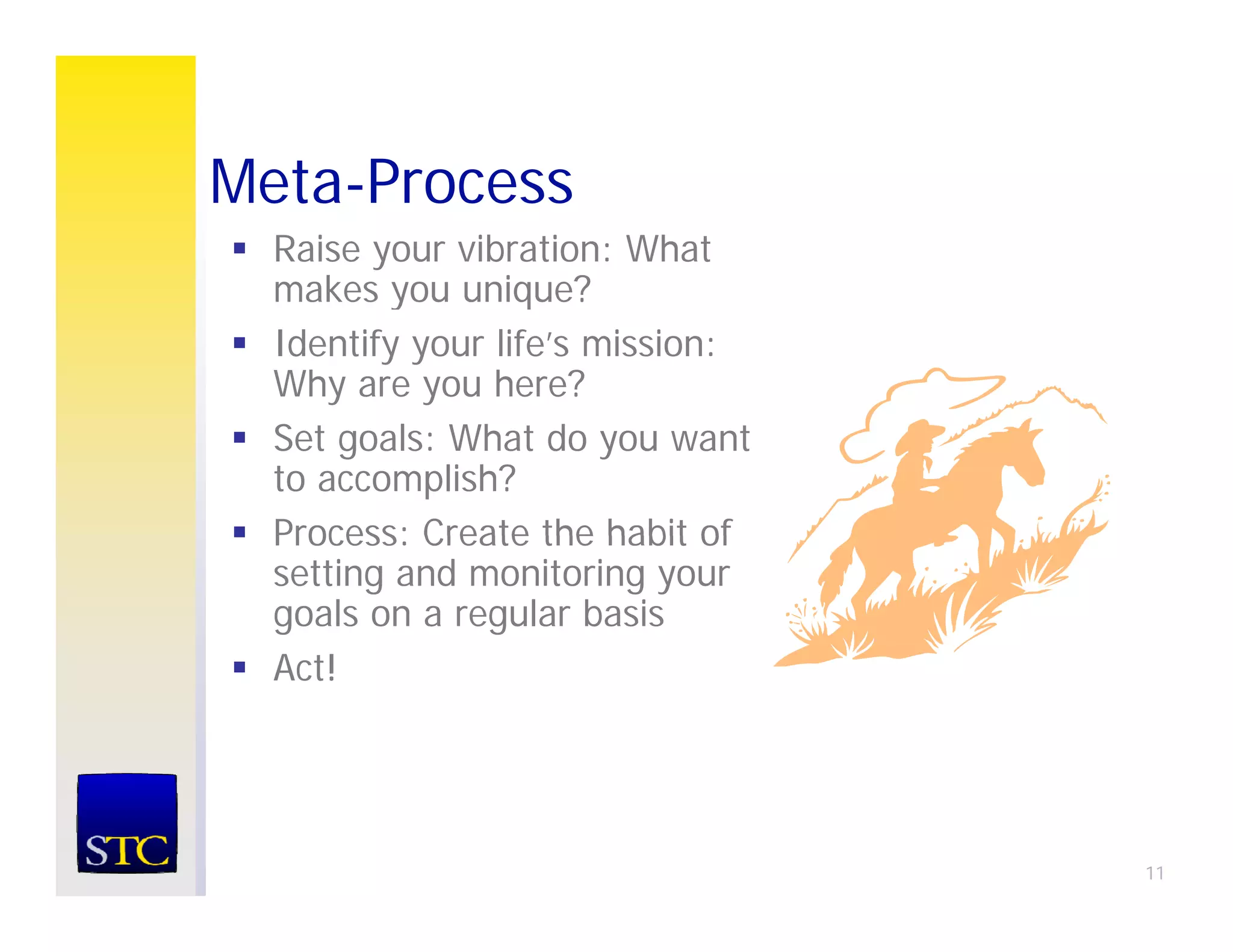 Meta-Process
Meta Process
  Raise your vibration: What
  makes you unique?
  Identify your life’s mission:
  Why are you here?
  Set goals: What do you want
  to accomplish?
  Process: Create the habit of
  setting and monitoring your
  goals on a regular basis
  Act!
  A t!




                                  11
 