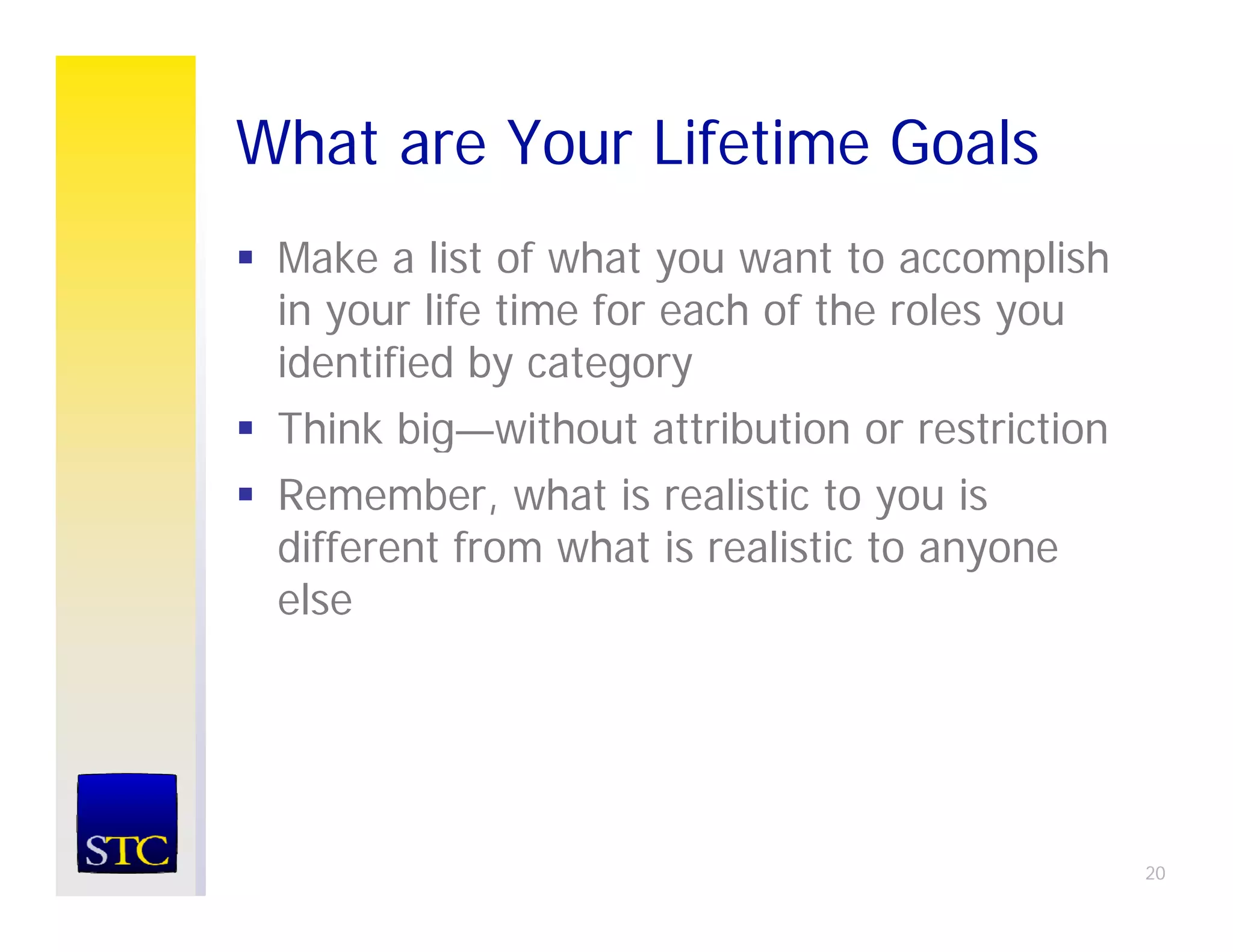 What are Your Lifetime Goals
 Make a list of what you want to accomplish
 in
 i your life time for each of the roles you
          lif ti  f      h f th     l
 identified by category
 Think bi
 Thi k big—without attribution or restriction
            ith t tt ib ti           t i ti
 Remember, what is realistic to you is
 different f
 diff    t from what i realistic to anyone
                 h t is   li ti t
 else




                                                20
 