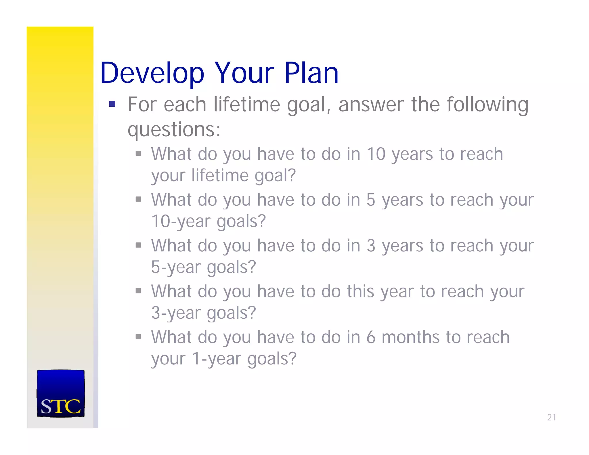 Develop Your Plan
      p
 For each lifetime goal, answer the following
 questions:
   What do you have to   do in 10 years to reach
   your lifetime goal?
   What do you have to   do in 5 years to reach your
   10-year goals?
   What do you have to   do in 3 years to reach your
   5-year goals?
   What do you have to   do this year to reach your
   3-year goals?
   What do you have to   do in 6 months to reach
   your 1-year goals?


                                                       21
 