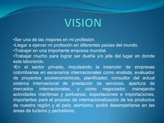 •Ser una de las mejores en mi profesión.
•Llegar a ejercer mi profesión en diferentes países del mundo.
•Trabajar en una importante empresa mundial.
•Trabajar mucho para lograr ser dueña y/o jefa del lugar en donde
este laborando.
•En el sector privado, impulsando la inserción de empresas
colombianas en escenarios internacionales como analista, evaluador
de proyectos socioeconómicos, planificador, consultor del actual
sistema internacional de prestación de servicios, apertura de
mercados internacionales, y como negociador, manejando
actividades marítimas y portuarias, exportaciones e importaciones,
importantes para el proceso de internacionalización de los productos
de nuestra región y el país; asimismo, podrá desempeñarse en las
áreas de turismo y periodismo.
 