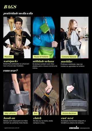 mochilas
BAGS
waistpacks utilidade urbana
east-westhands on clutch
praticidade no dia a dia
como usar?
 