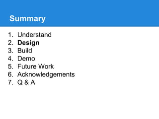 Summary
1.
2.
3.
4.
5.
6.
7.

Understand
Design
Build
Demo
Future Work
Acknowledgements
Q&A

 