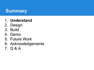 Summary
1.
2.
3.
4.
5.
6.
7.

Understand
Design
Build
Demo
Future Work
Acknowledgements
Q&A

 