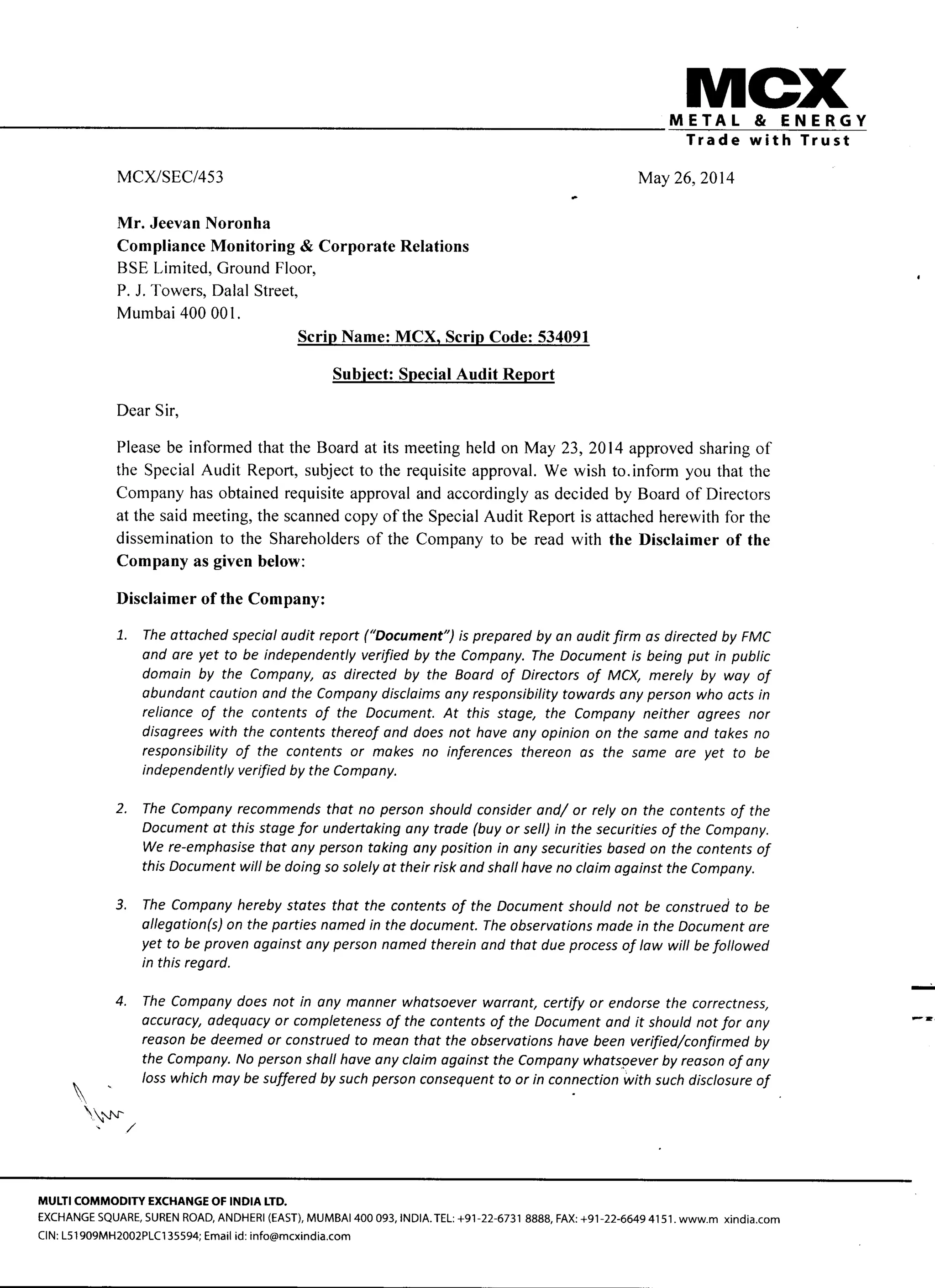 MCX Audit Report by PWC