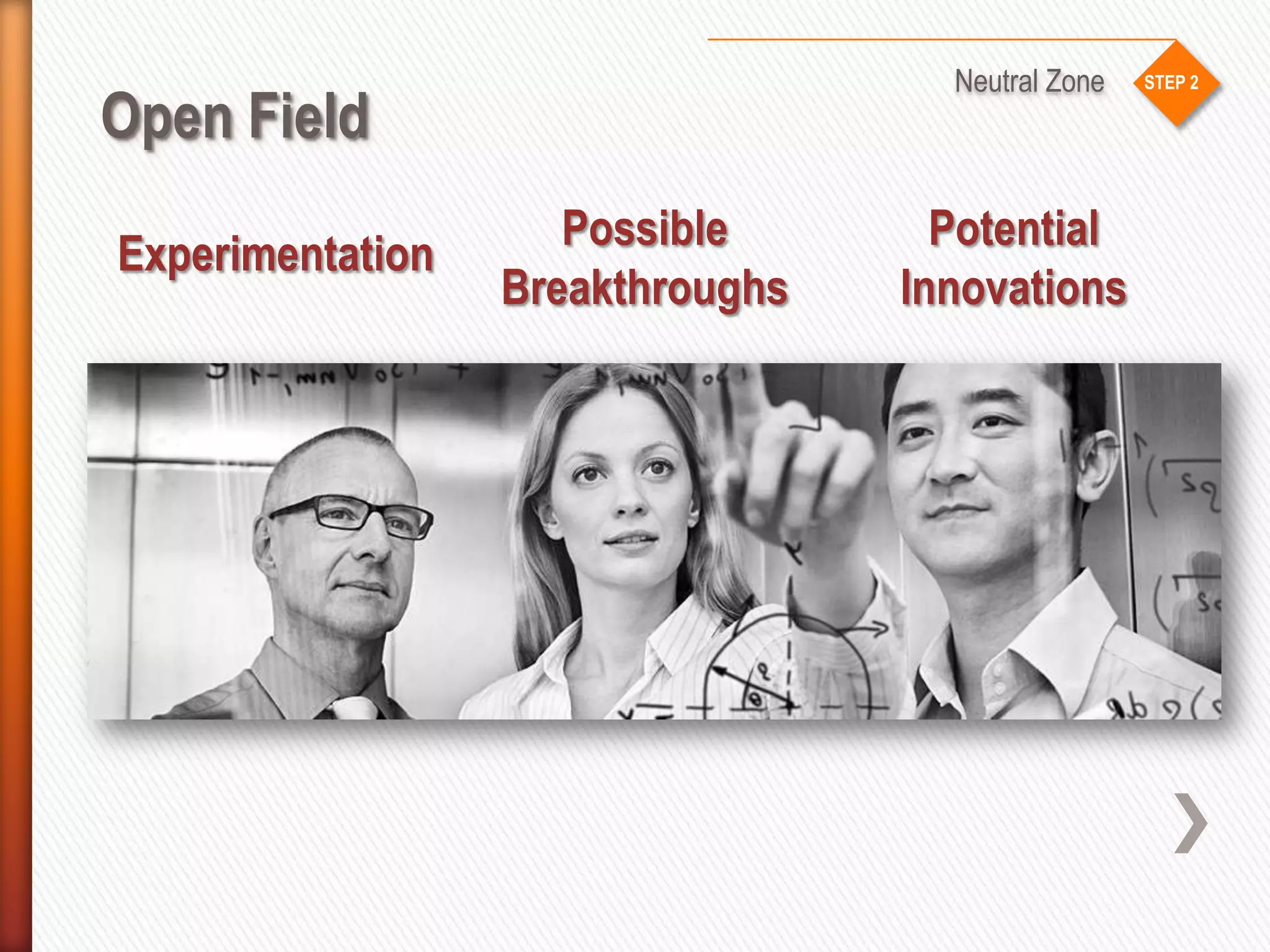 STEP 2
Open Field
Neutral Zone
Potential
Innovations
Experimentation
Possible
Breakthroughs
 