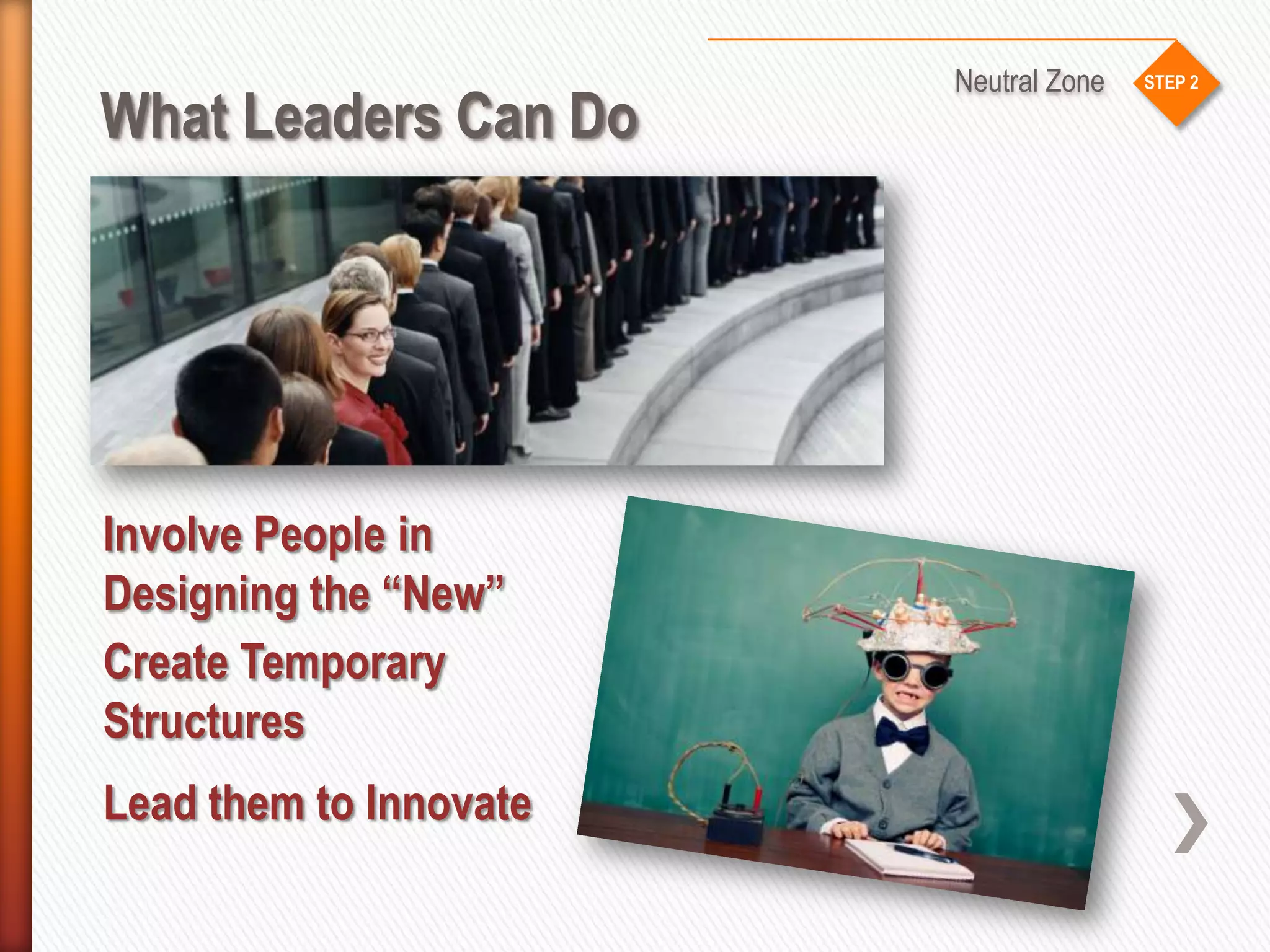 STEP 2
What Leaders Can Do
Neutral Zone
Involve People in
Designing the “New”
Lead them to Innovate
Create Temporary
Structures
 