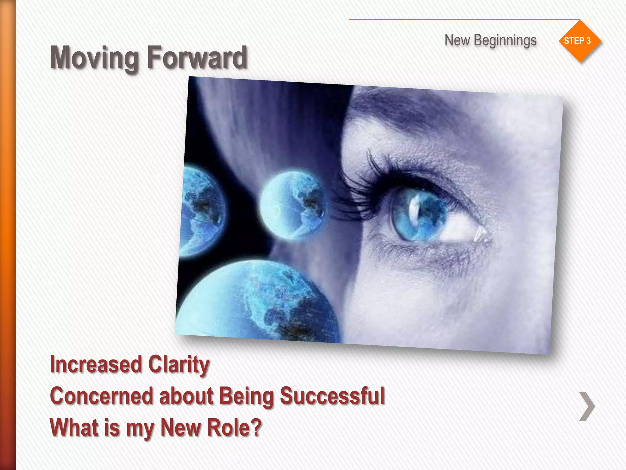 STEP 3
Moving Forward
New Beginnings
Increased Clarity
Concerned about Being Successful
What is my New Role?
 