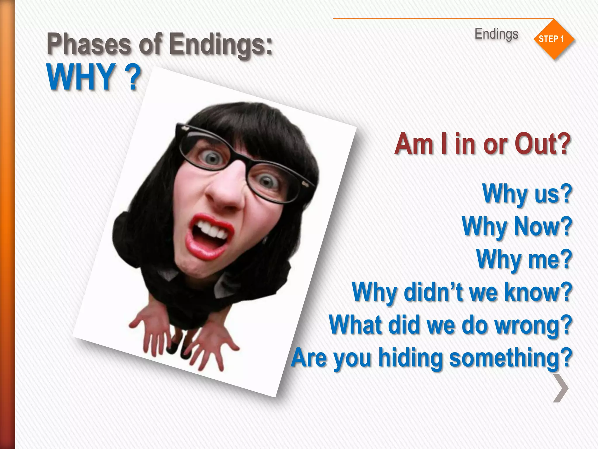 STEP 1
Phases of Endings:
Endings
WHY ?
Why us?
Why Now?
What did we do wrong?
Why didn’t we know?
Are you hiding something?
Am I in or Out?
Why me?
 