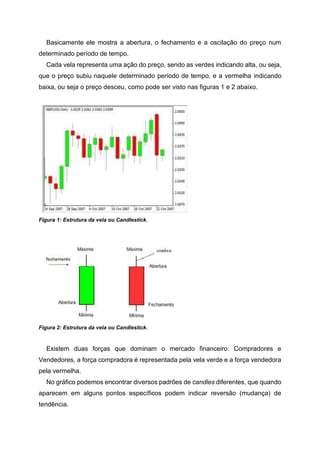 Basicamente ele mostra a abertura, o fechamento e a oscilação do preço num
determinado período de tempo.
Cada vela representa uma ação do preço, sendo as verdes indicando alta, ou seja,
que o preço subiu naquele determinado período de tempo, e a vermelha indicando
baixa, ou seja o preço desceu, como pode ser visto nas figuras 1 e 2 abaixo.
Figura 1: Estrutura da vela ou Candlestick.
Figura 2: Estrutura da vela ou Candlestick.
Existem duas forças que dominam o mercado financeiro: Compradores e
Vendedores, a força compradora é representada pela vela verde e a força vendedora
pela vermelha.
No gráfico podemos encontrar diversos padrões de candles diferentes, que quando
aparecem em alguns pontos específicos podem indicar reversão (mudança) de
tendência.
 