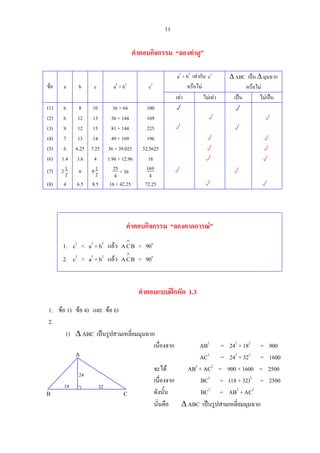 11
คําตอบกิจกรรม “ลองทําดู”
a2
+ b2
เทากับ c2
หรือไม
∆ ABC เปน ∆ มุมฉาก
หรือไมขอ a b c a2
+ b2
c2
เทา ไมเทา เปน ไมเปน
(1)
(2)
(3)
(4)
(5)
(6)
6
6
9
7
6
1.4
8
12
12
13
6.25
3.6
10
13
15
14
7.25
4
36 + 64
36 + 144
81 + 144
49 + 169
36 + 39.025
1.96 + 12.96
100
169
225
196
52.5625
16
(7) 2
12 6 2
16
4
25 + 36
4
169
(8) 4 6.5 8.5 16 + 42.25 72.25
คําตอบกิจกรรม “ลองคาดการณ”
1. c2
< a2
+ b2
แลว BCA
∧
< 90o
2. c2
> a2
+ b2
แลว BCA
∧
> 90o
คําตอบแบบฝกหัด 1.3
1. ขอ 1) ขอ 4) และ ขอ 6)
2.
1) ∆ ABC เปนรูปสามเหลี่ยมมุมฉาก
เนื่องจาก AB2
= 242
+ 182
= 900
AC2
= 242
+ 322
= 1600
จะได AB2
+ AC2
= 900 + 1600 = 2500
เนื่องจาก BC2
= (18 + 32)2
= 2500
ดังนั้น BC2
= AB2
+ AC2
นั่นคือ ∆ ABC เปนรูปสามเหลี่ยมมุมฉาก
A
CB
3218
24
 