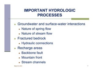 IMPORTANT HYDROLOGIC
                     PROCESSES

    Groundwater and surface-water interactions
          Nature of spring flow
          Nature of stream flow
    Fractured bedrock
          Hydraulic connections
    Recharge areas
          Backbone fault
          Mountain front
          Stream channels
March 8, 2012                                     7
 