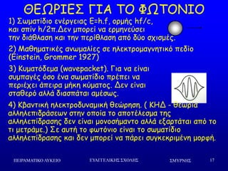 ΢ΜΤΡΝΗ΢ΠΕΙΡΑΜΑΣΙΚΟ ΛΤΚΕΙΟ ΕΤΑΓΓΕΛΙΚΗ΢ ΢ΥΟΛΗ΢ 17
ΘΓΩΞΖΓΟ ΓΖΑ ΠΜ ΦΩΠΜΚΖΜ
1) Οςμαηίδημ εκένγεηαξ E=h.f, μνμήξ hf/c,
θαη ζπίκ h/2π.Δεκ μπμνεί κα ενμεκεύζεη
ηεκ δηάζιαζε θαη ηεκ πενίζιαζε από δύμ ζπηζμέξ.
2) Ιαζεμαηηθέξ ακςμαιίεξ ζε ειεθηνμμαγκεηηθό πεδίμ
(Einstein, Grommer 1927)
4) Ηβακηηθή ειεθηνμδοκαμηθή ζεώνεζε. ( ΗΕΔ - ζεςνία
αιιειεπηδνάζεςκ ζηεκ μπμία ημ απμηέιεζμα ηεξ
αιιειεπίδναζεξ δεκ είκαη μμκμζήμακημ αιιά ελανηάηαη από ημ
ηη μεηνάμε.) Οε αοηή ημ θςηόκημ είκαη ημ ζςμαηίδημ
αιιειεπίδναζεξ θαη δεκ μπμνεί κα πάνεη ζογθεθνημέκε μμνθή.
3) Ηομαηόδεμα (wavepacket). Γηα κα είκαη
ζομπαγέξ όζμ έκα ζςμαηίδημ πνέπεη κα
πενηέπεη άπεηνα μήθε θύμαημξ. Δεκ είκαη
ζηαζενό αιιά δηαζπάηαη αμέζςξ.
 