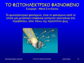 ΢ΜΤΡΝΗ΢ΠΕΙΡΑΜΑΣΙΚΟ ΛΤΚΕΙΟ ΕΤΑΓΓΕΛΙΚΗ΢ ΢ΥΟΛΗ΢ 19
ΠΜ ΦΩΠΜΕΘΓΗΠΞΖΗΜ ΦΑΖΚΜΙΓΚΜ
Οογγναθή : Αζεκά Οηιηηδόγιμο
Τν θσηνειεθηξηθό θαηλόκελν, είλαη ην θαηλόκελν θαηά ην
νπνίν κηα κεηαιιηθή επηθάλεηα εθπέκπεη ειεθηξόληα ζην
πεξηβάιινλ, όηαλ πάλσ ηεο πξνζπίπηεη θσο.
 