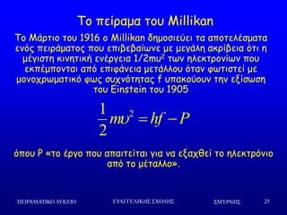 ΢ΜΤΡΝΗ΢ΠΕΙΡΑΜΑΣΙΚΟ ΛΤΚΕΙΟ ΕΤΑΓΓΕΛΙΚΗ΢ ΢ΥΟΛΗ΢ 25
Πμ πείναμα ημο Millikan
Πμ Ιάνηημ ημο 1916 μ Millikan δεμμζηεύεη ηα απμηειέζμαηα
εκόξ πεηνάμαημξ πμο επηβεβαίςκε με μεγάιε αθνίβεηα όηη ε
μέγηζηε θηκεηηθή εκένγεηα 1/2mο2 ηςκ ειεθηνμκίςκ πμο
εθπέμπμκηαη από επηθάκεηα μεηάιιμο όηακ θςηηζηεί με
μμκμπνςμαηηθό θςξ ζοπκόηεηαξ f οπαθμύμοκ ηεκ ελίζςζε
ημο Einstein ημο 1905
21
2
m hf P  
όπμο P «ημ ένγμ πμο απαηηείηαη γηα κα ελαπζεί ημ ειεθηνόκημ
από ημ μέηαιιμ».
 