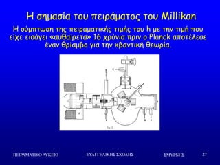 ΢ΜΤΡΝΗ΢ΠΕΙΡΑΜΑΣΙΚΟ ΛΤΚΕΙΟ ΕΤΑΓΓΕΛΙΚΗ΢ ΢ΥΟΛΗ΢ 27
Ε ζεμαζία ημο πεηνάμαημξ ημο Millikan
H ζύμπηςζε ηεξ πεηναμαηηθήξ ηημήξ ημο h με ηεκ ηημή πμο
είπε εηζάγεη «αοζαίνεηα» 16 πνόκηα πνηκ μ Planck απμηέιεζε
έκακ ζνίαμβμ γηα ηεκ θβακηηθή ζεςνία.
 