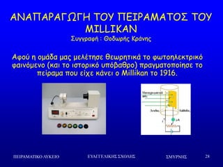 ΢ΜΤΡΝΗ΢ΠΕΙΡΑΜΑΣΙΚΟ ΛΤΚΕΙΟ ΕΤΑΓΓΕΛΙΚΗ΢ ΢ΥΟΛΗ΢ 28
ΑΚΑΝΑΞΑΓΩΓΕ ΠΜΡ ΝΓΖΞΑΙΑΠΜΟ ΠΜΡ
MILLIKAN
Οογγναθή : Θμδςνήξ Ηνάκεξ
Αθμύ ε μμάδα μαξ μειέηεζε ζεςνεηηθά ημ θςημειεθηνηθό
θαηκόμεκμ (θαη ημ ηζημνηθό οπόβαζνμ) πναγμαημπμίεζε ημ
πείναμα πμο είπε θάκεη μ Millikan ημ 1916.
 