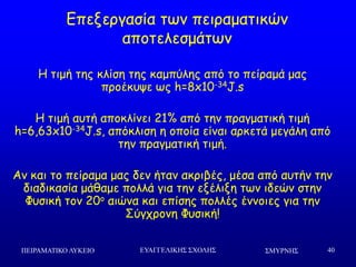 ΢ΜΤΡΝΗ΢ΠΕΙΡΑΜΑΣΙΚΟ ΛΤΚΕΙΟ ΕΤΑΓΓΕΛΙΚΗ΢ ΢ΥΟΛΗ΢ 40
Ε ηημή ηεξ θιίζε ηεξ θαμπύιεξ από ημ πείναμά μαξ
πνμέθορε ςξ h=8x10-34J.s
Ε ηημή αοηή απμθιίκεη 21% από ηεκ πναγμαηηθή ηημή
h=6,63x10-34J.s, απόθιηζε ε μπμία είκαη ανθεηά μεγάιε από
ηεκ πναγμαηηθή ηημή.
Ακ θαη ημ πείναμα μαξ δεκ ήηακ αθνηβέξ, μέζα από αοηήκ ηεκ
δηαδηθαζία μάζαμε πμιιά γηα ηεκ ελέιηλε ηςκ ηδεώκ ζηεκ
Φοζηθή ημκ 20μ αηώκα θαη επίζεξ πμιιέξ έκκμηεξ γηα ηεκ
Ούγπνμκε Φοζηθή!
Γπελενγαζία ηςκ πεηναμαηηθώκ
απμηειεζμάηςκ
 