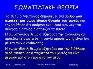 ΢ΜΤΡΝΗ΢ΠΕΙΡΑΜΑΣΙΚΟ ΛΤΚΕΙΟ ΕΤΑΓΓΕΛΙΚΗ΢ ΢ΥΟΛΗ΢ 5
ΟΩΙΑΠΖΔΖΑΗΕ ΘΓΩΞΖΑ
Πμ 1673 μ Κεύηςκαξ δεμμζηεύεη έκα άνζνμ πξρ
πεοιέςει μια ζωμαηιδιακή θεωοία ηξρ θωηόπ θαη
ηεκ οπόζεζε όηη οπάνπεη έκα οιηθό πμο ιέγεηαη
αηζέναξ μ μπμίμξ δηαπμηίδεη ηα πάκηα.
Ε ζςμαηηδηαθή ζεςνία ελεγμύζε ηεκ ακάθιαζε θαη
πνμέβιεπε ζςζηά όηη ε γςκία πνόζπηςζεξ είκαη ίζε
με ηεκ γςκία ακάθιαζεξ.
Ε ζςμαηηδηαθή ζεςνία ελεγμύζε θαη ηεκ δηάζιαζε
αιιά απαηημύζε ε ηαπύηεηα ημο θςηόξ κα είκαη
μεγαιύηενε ζημ κενό από ημκ αένα.
 